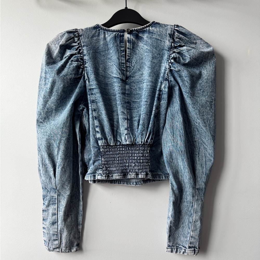 Pilcro Blue Embroidered Puff-Sleeve Denim Crop Top - Picture 6 of 16